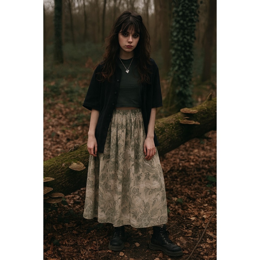 Vintage 90s Green Floral Skirt Forest Fairy Cottage Boho Earthy Tiered Medium